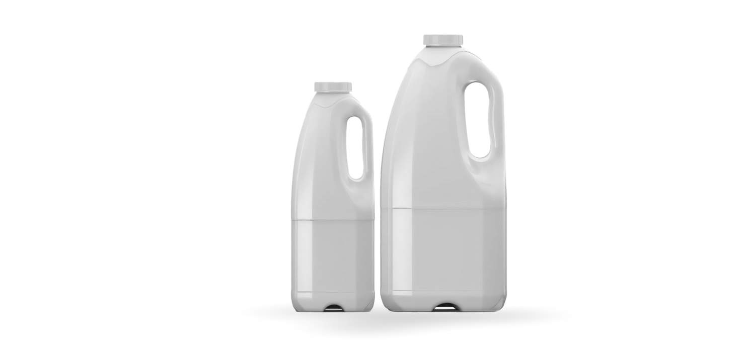 Group shot of the eco-bottle for milk and dairy in two different sizes manufactured by ALPLA