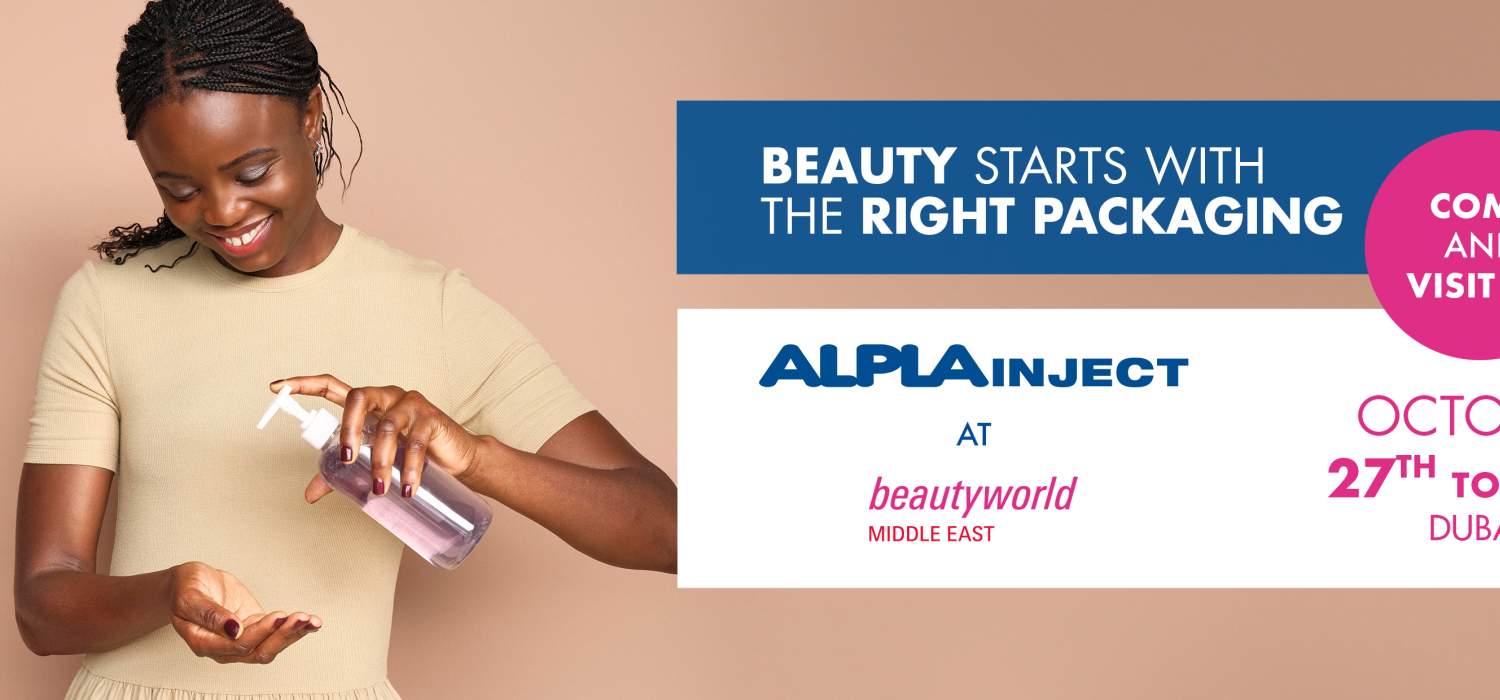 Woman applying lotion, ALPLA logo and event details on a banner.